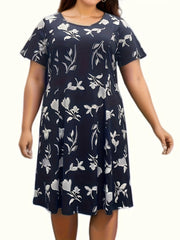 Women's Plus Floral Print Short Sleeve Round Neck Knee Length Dress