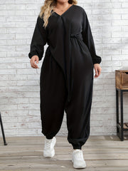 Solid Long Sleeve V Neck Jumpsuit