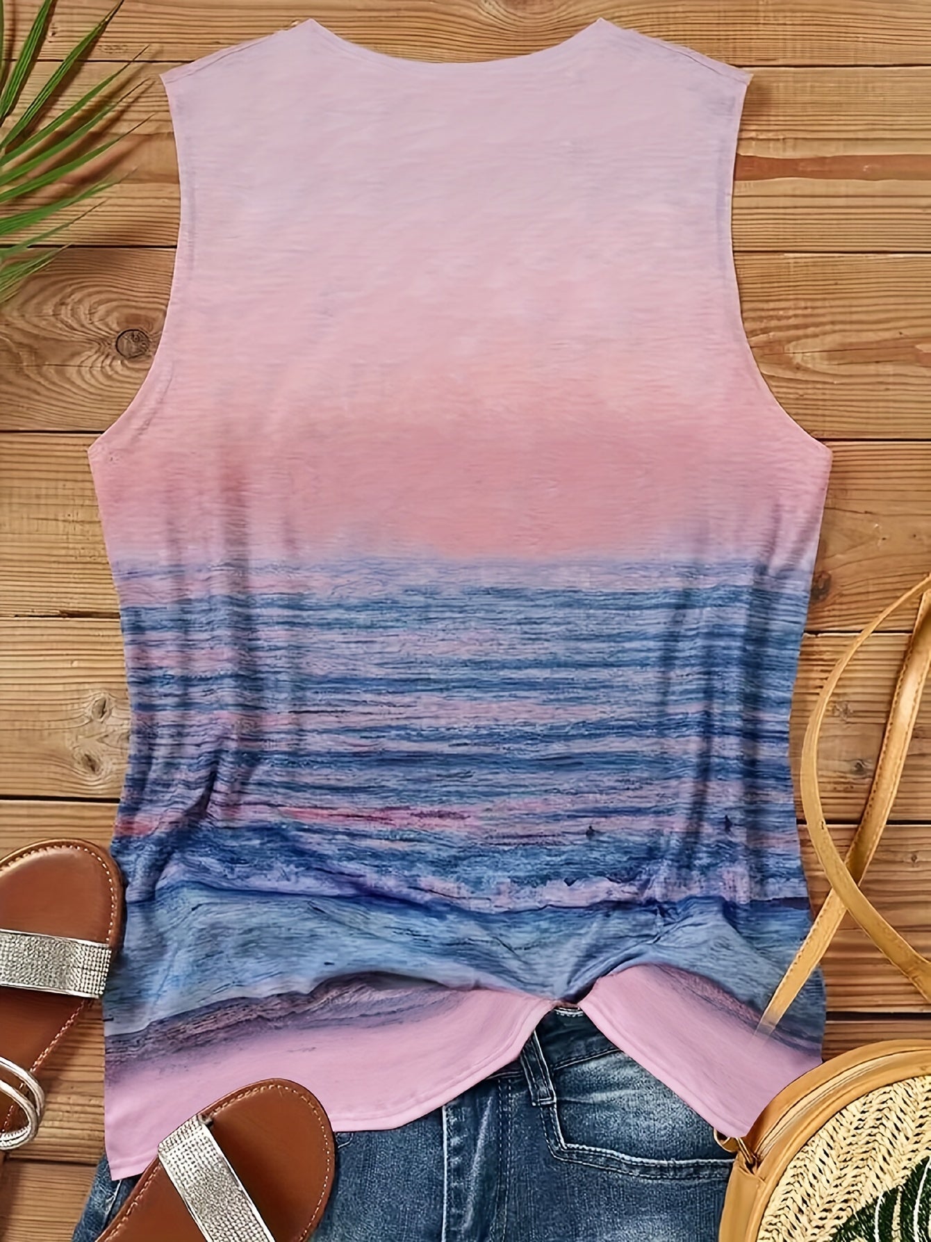 Beach & Letter Print Tank Top Sleeveless Casual Crew Neck Tank Top
