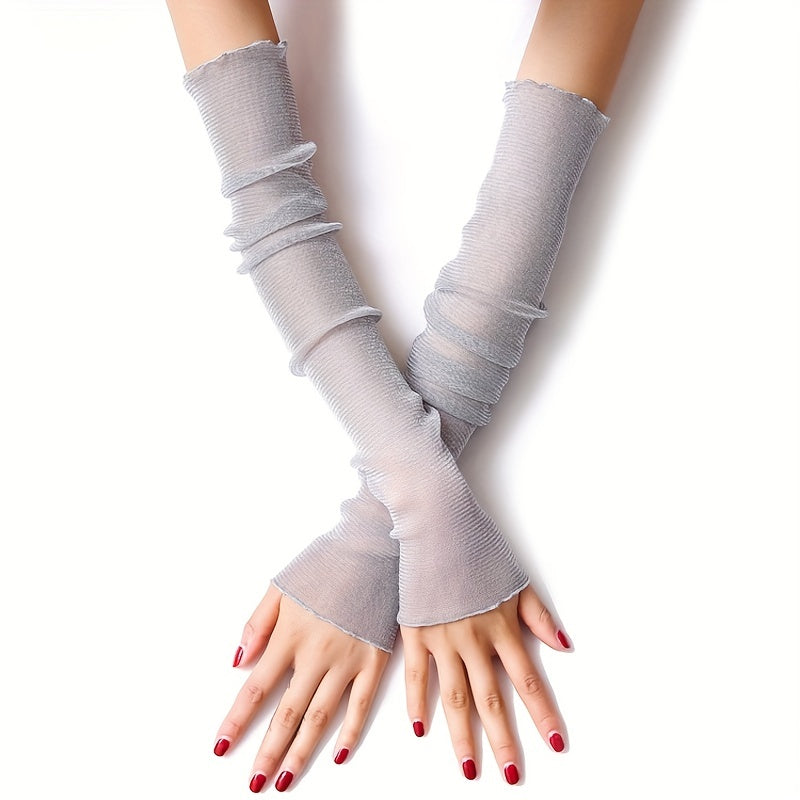 Glitter Solid Breathable Sunscreen Long Gloves for Women