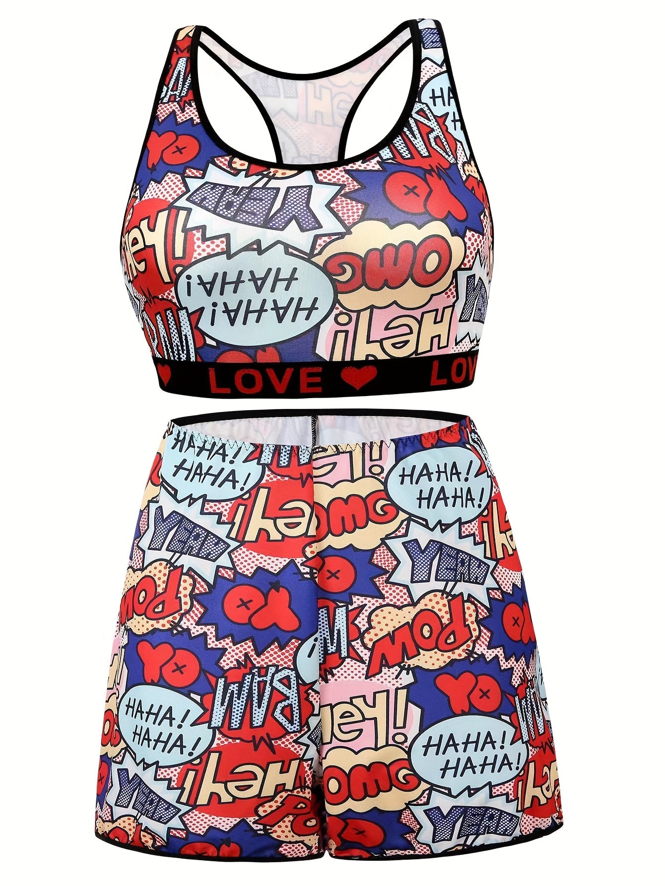 Y2K Pop Art Print Racer Back Tank Bra & Shorts Set