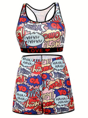 Y2K Pop Art Print Racer Back Tank Bra & Shorts Set