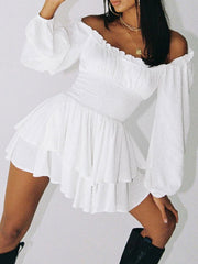 Off Shoulder Ruffle Trim Jumpsuit Solid Lantern Sleeve