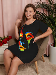 Leaf Print Short Sleeve Round Neck Sleep Dress