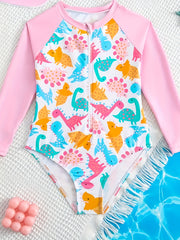 Girls Dino Print Long Sleeve Swimsuit Beach Surfing