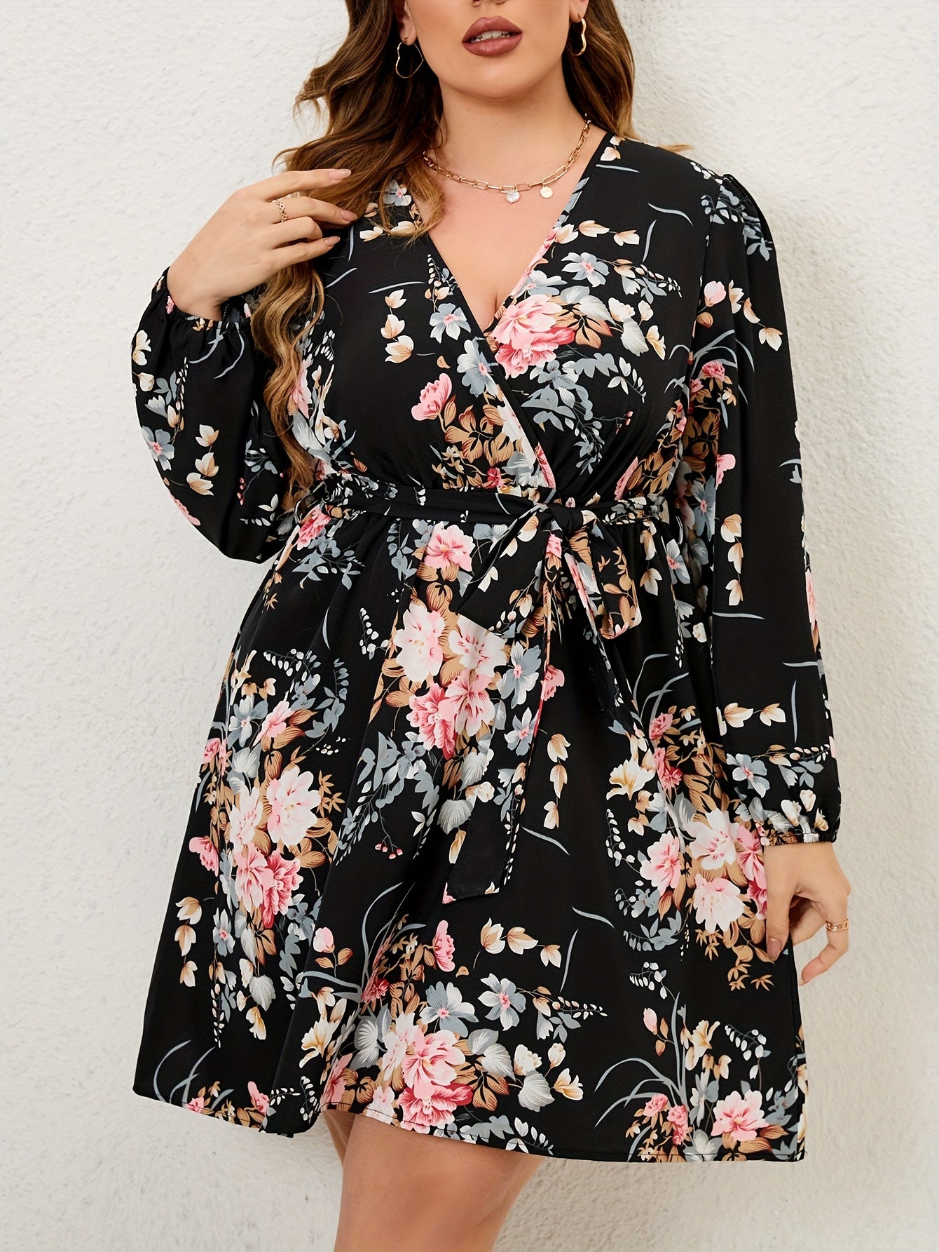 Floral Print Lantern Sleeve Knee Length Dress With Belt