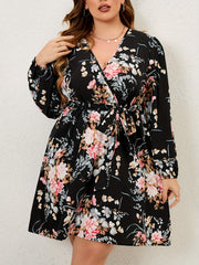 Floral Print Lantern Sleeve Knee Length Dress With Belt