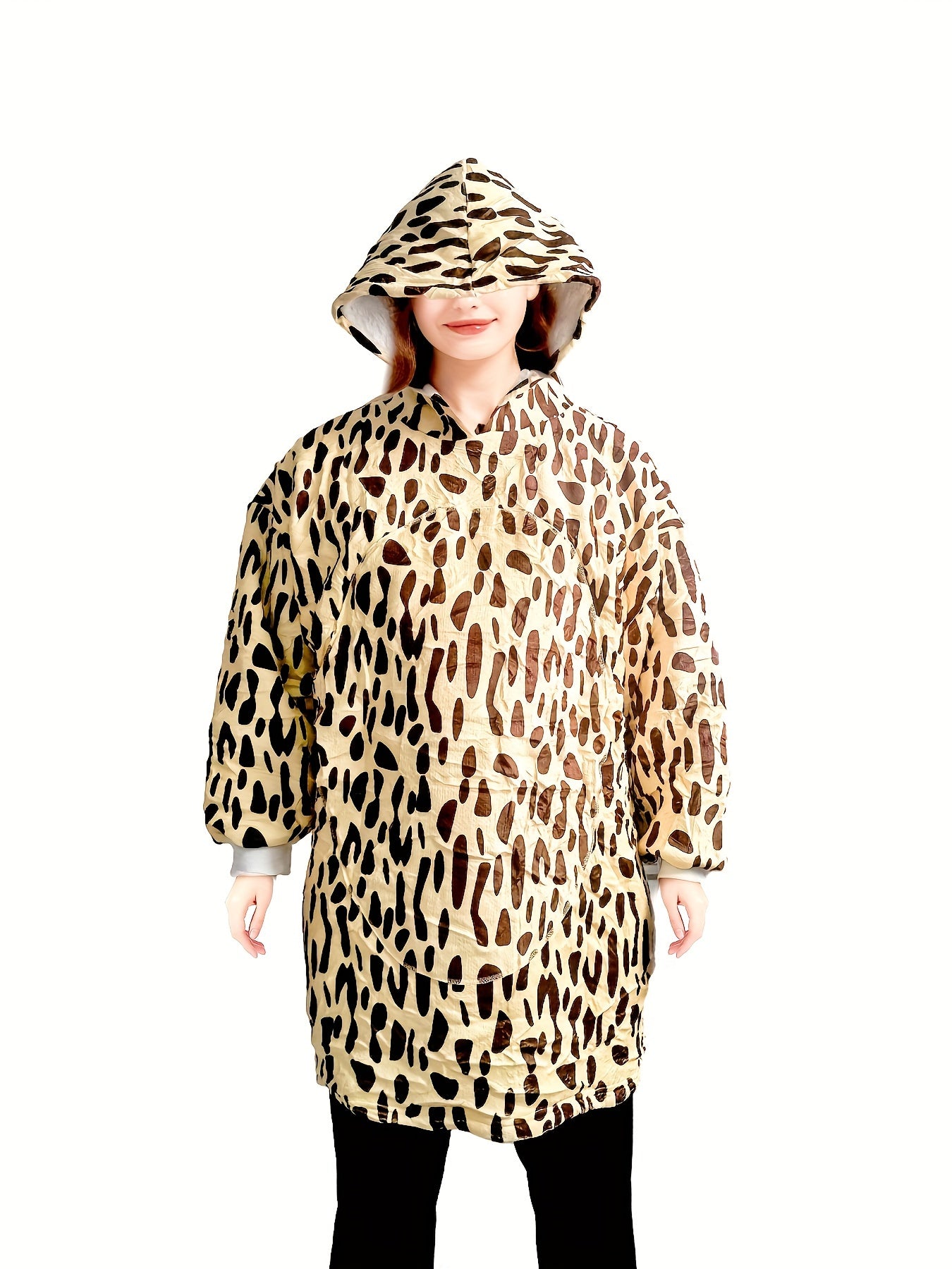 Leopard Pattern Fleece Lined Hooded TV Blanket