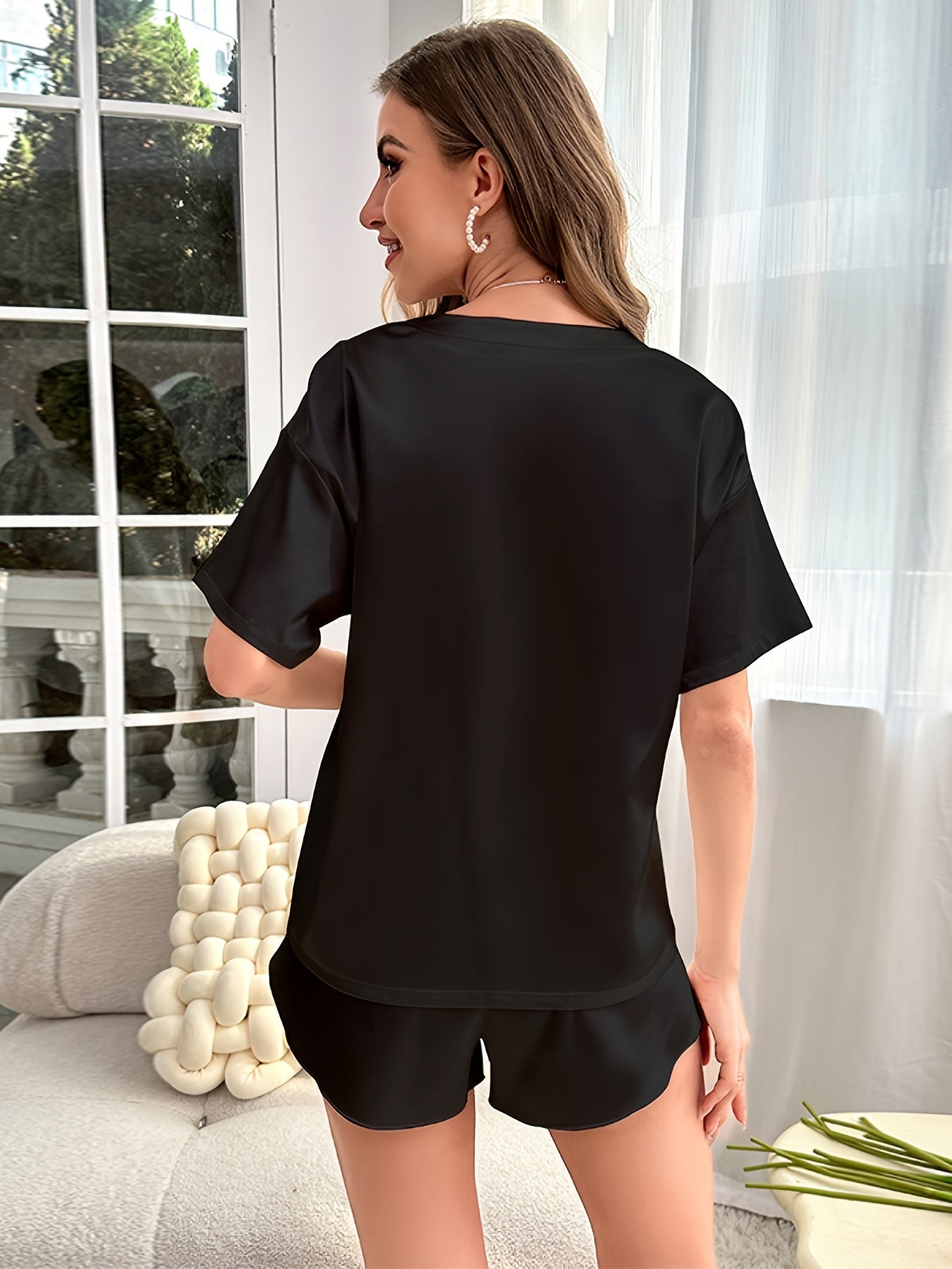 Solid Satin Lounge Set Short Sleeve Crew Neck Top & Shorts Women's Loungewear