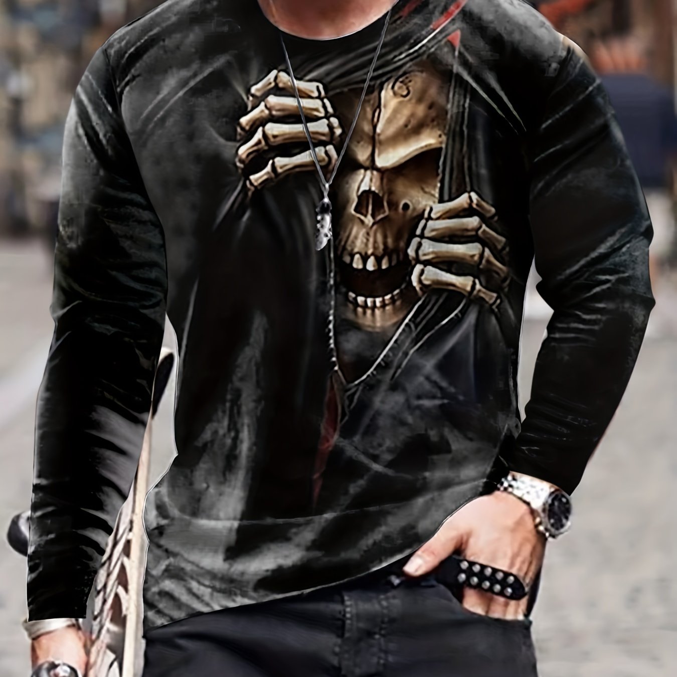 Skeleton Print Men's Long Sleeve T shirt Vintage Style