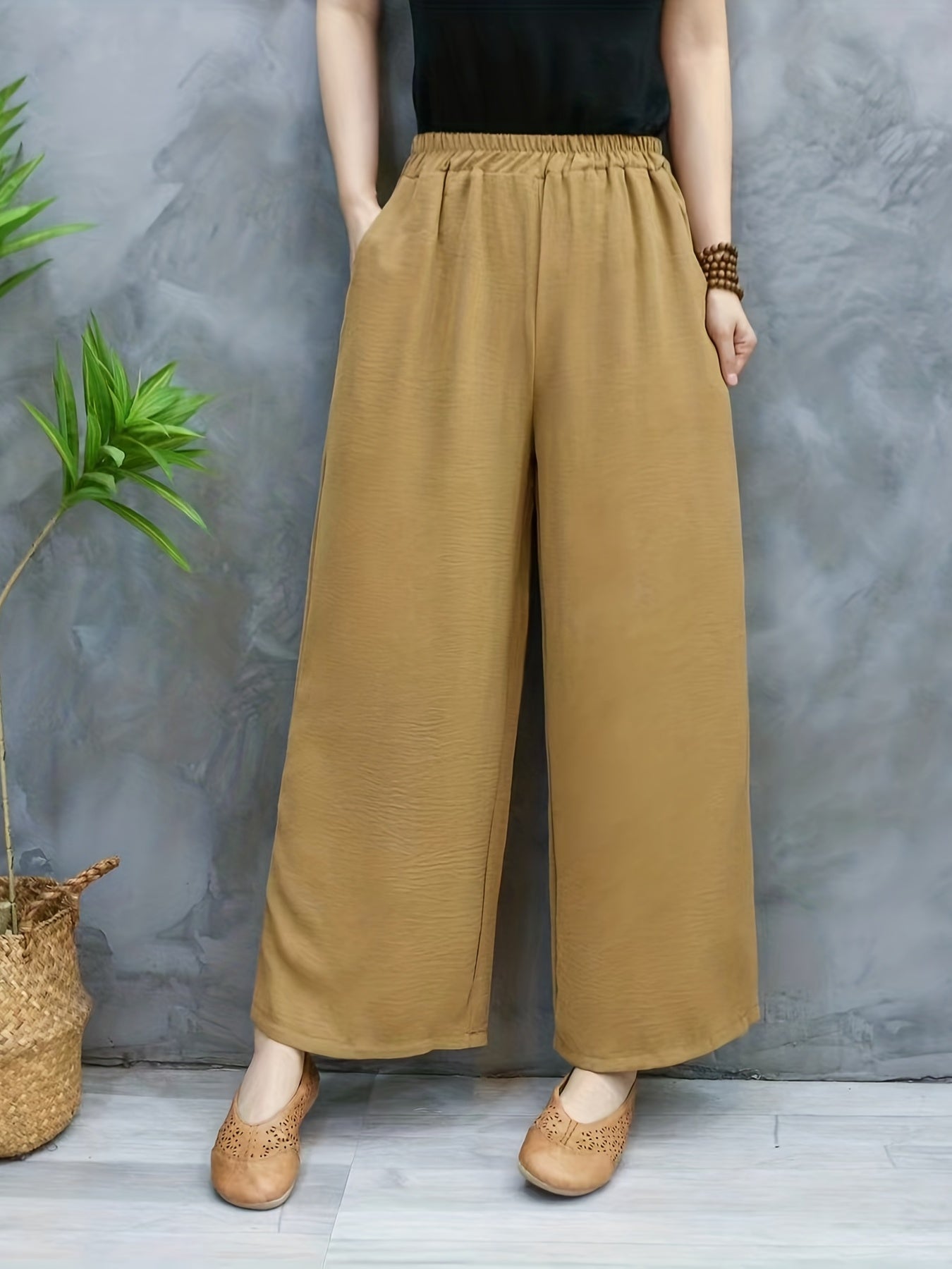 Solid Elastic Waist Wide Leg Pants Casual Pocket Pants