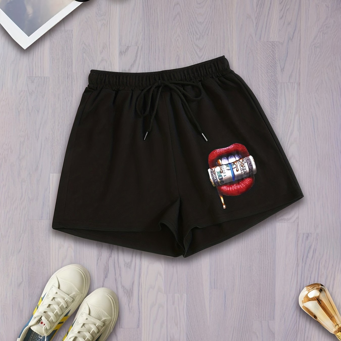 Mouth Print Drawstring Shorts