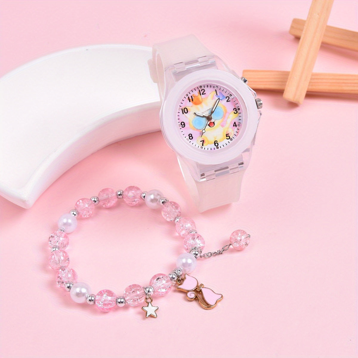 Girls' Cartoon Cat Glow in Dark Watch Set with Glasses Strap Bracelet