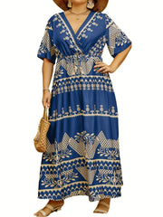 Floral Print Maxi Dress Surplice Neck Short Sleeve