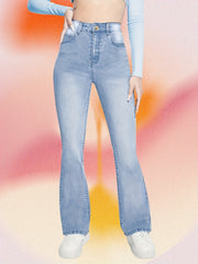 High Waist Flare Jeans Slash Pockets High Rise Stretchy Beel Bottom Denim Pants