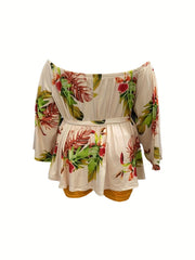 Tropical Print Off Shoulder Top & Shorts Set