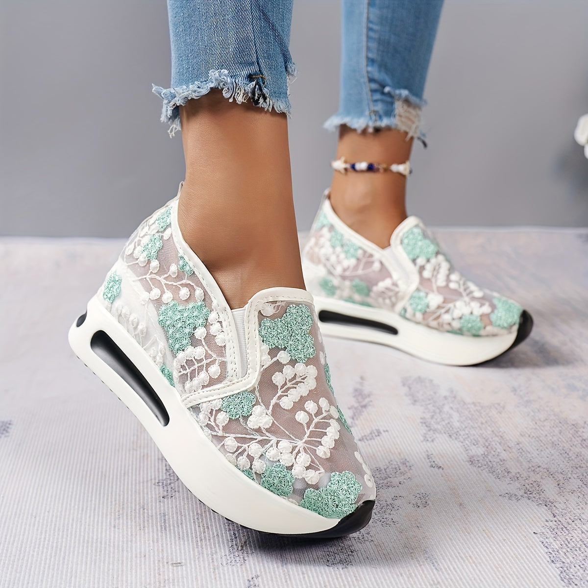 Floral Lace Platform Slip-On Shoes for Women