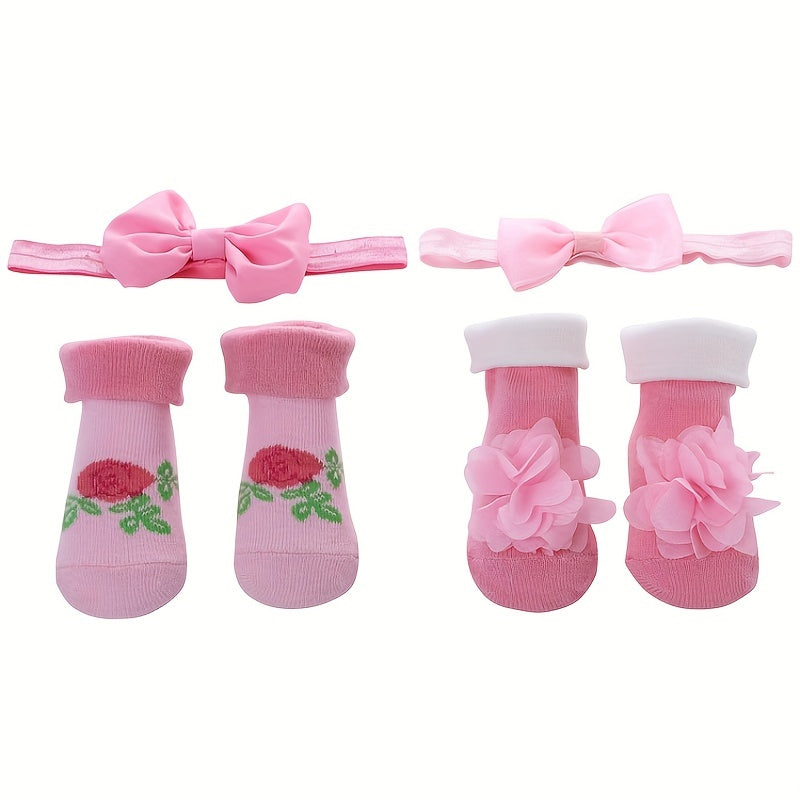4pcs Baby Girls Princess Bow Striped Cotton Flip Socks & Flower Headband Set
