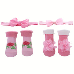 4pcs Baby Girls Princess Bow Striped Cotton Flip Socks & Flower Headband Set