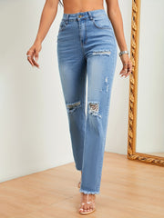 High Stretch Frayed Trim Ripped Jeans Loose Fit