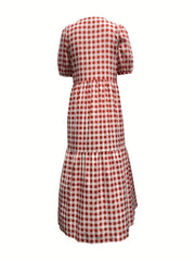 Plaid Print Puff Sleeve Tiered Dress Casual Dress For Spring & Summer
