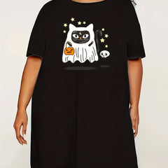 Halloween Dress Cat Ghost & Pumpkin Print Round Neck Nightdress