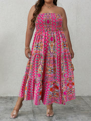 Boho Tube Dress Women's Plus Shirred Tribal Print Ruffle Trim
