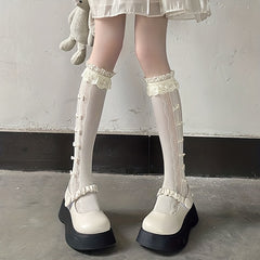 Floral Lace Bow Calf Socks Lolita Ruffle Knee High Socks