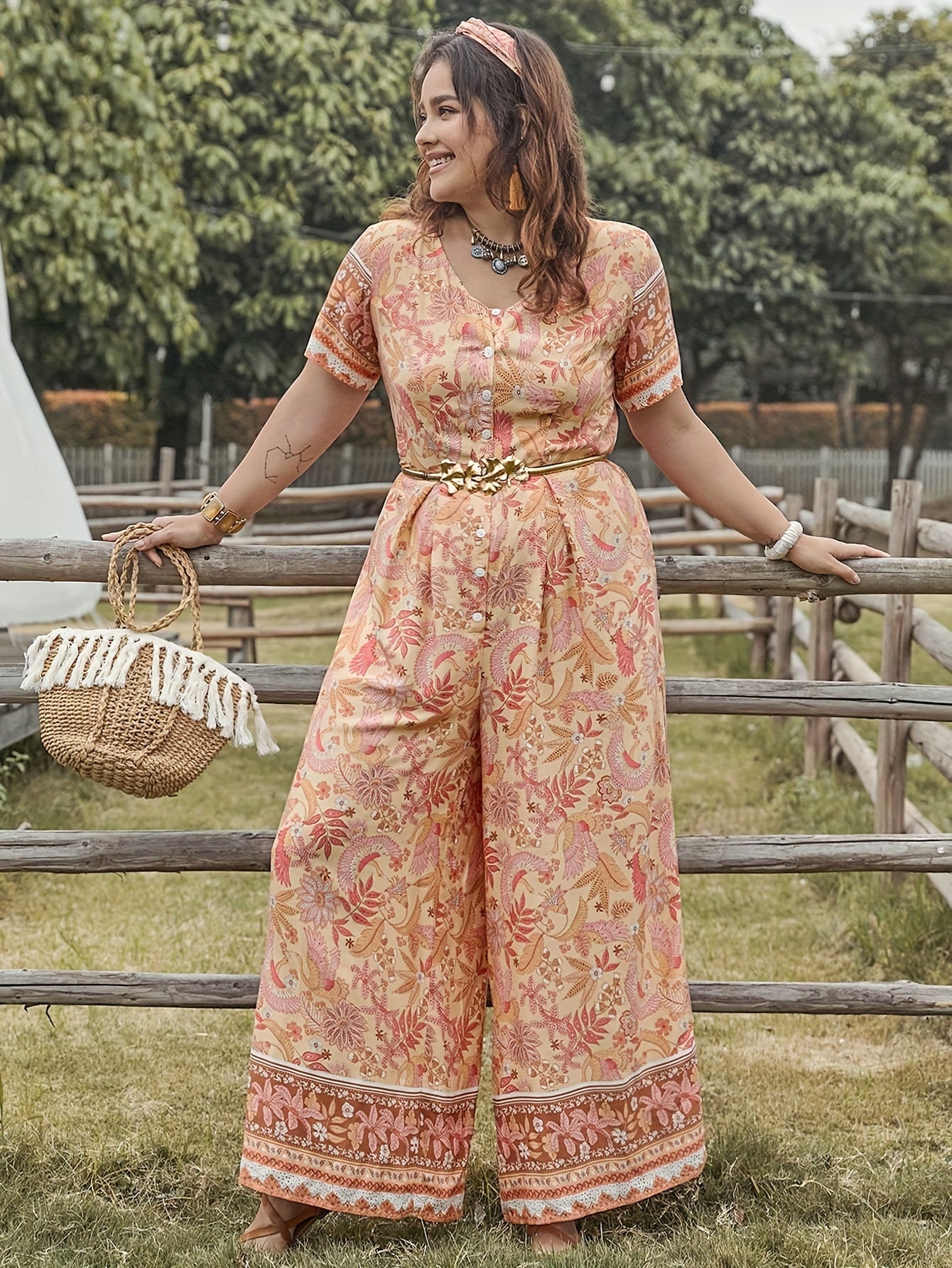 Boho Jumpsuit Floral Print Short Sleeve V-Neck Wide Leg Jumpsuit