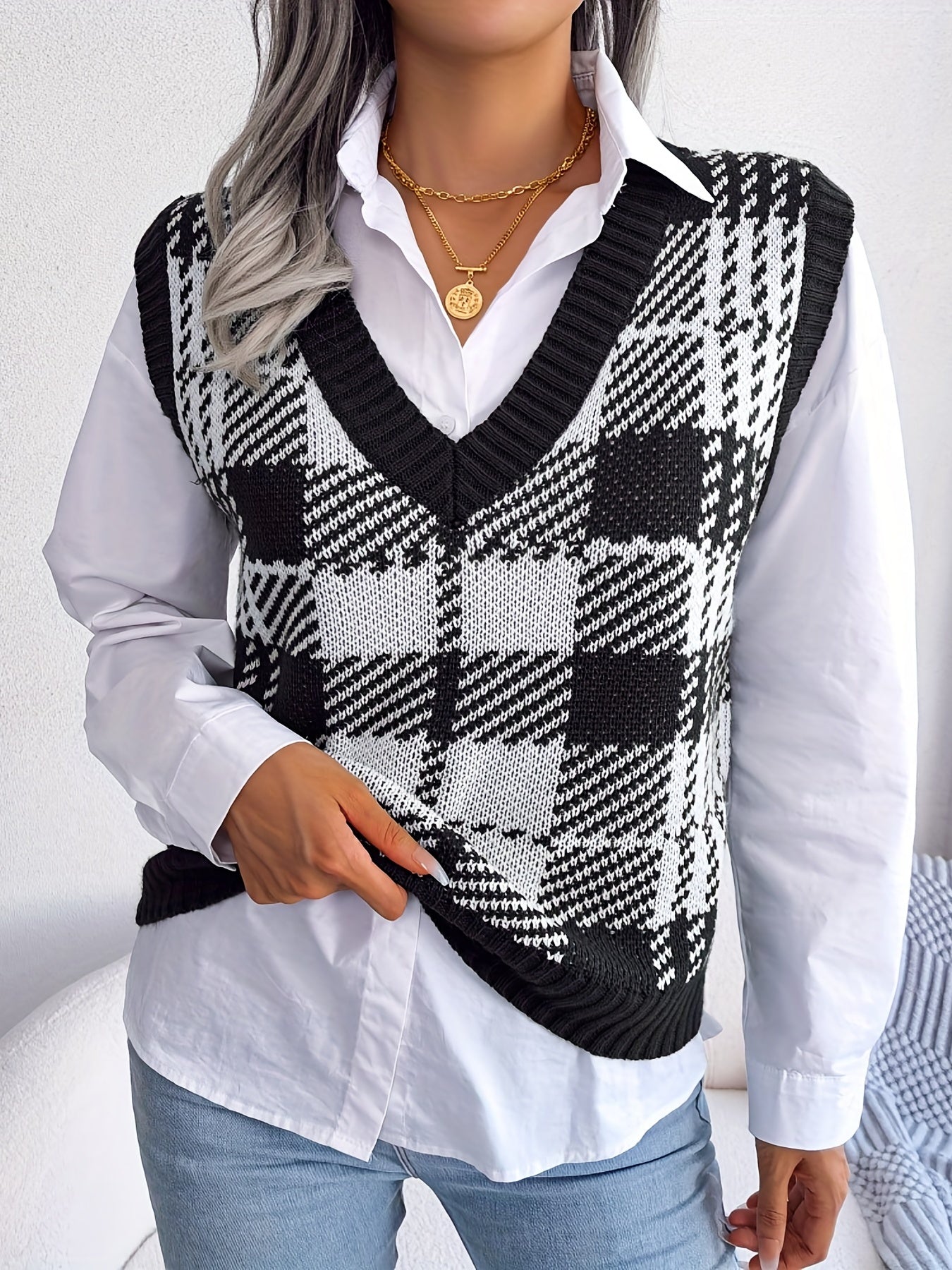 Plaid Sweater Vest Loose V Neck Fall Winter Women's Clothing
