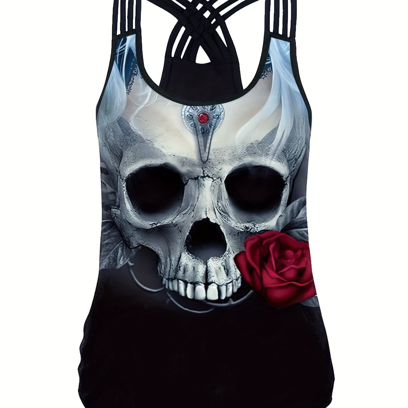 Skull Print Cross Back Tank Top Crew Neck Sleeveless Top Women's Clothing