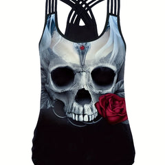 Skull Print Cross Back Tank Top Crew Neck Sleeveless Top Women's Clothing