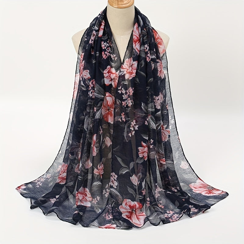 Vintage Voile Flower Print Scarf Classic Windproof Shawl Head Wrap