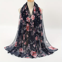 Vintage Voile Flower Print Scarf Classic Windproof Shawl Head Wrap