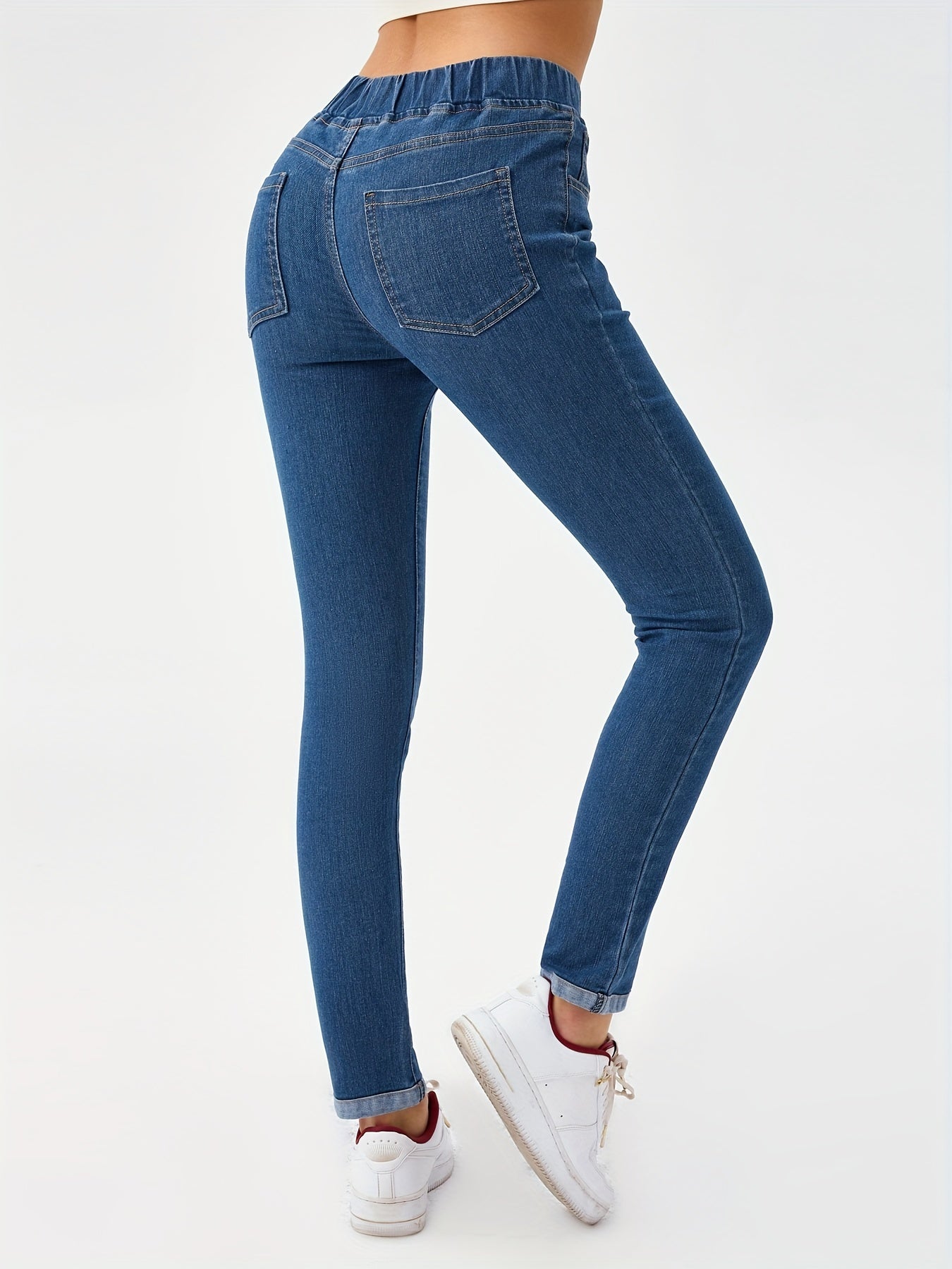 Elastic Waist Skinny Jeans Slim Fit Mid Stretch Versatile Denim Pants