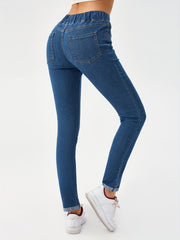 Elastic Waist Skinny Jeans Slim Fit Mid Stretch Versatile Denim Pants