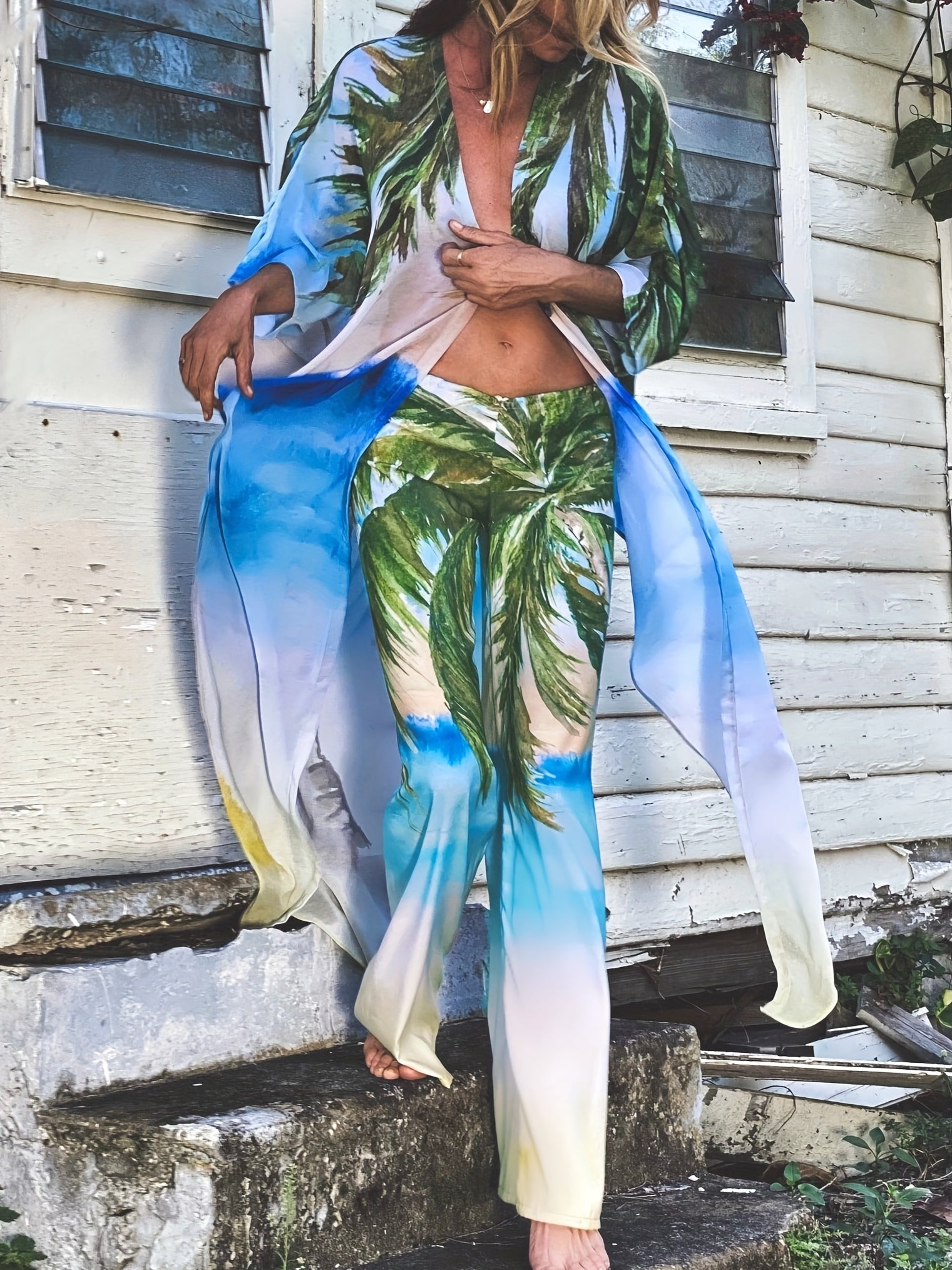 Tropical Palm Tree Print Beachwear 2 Piece Set