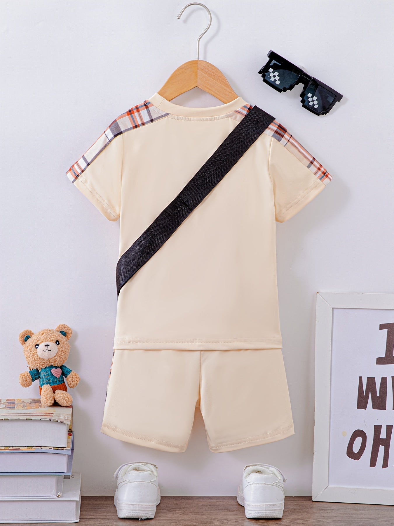 Boys Plaid Print T-shirt Top & Shorts & Bear Bag 3pcs Set