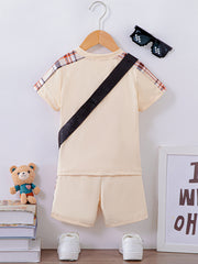 Boys Plaid Print T-shirt Top & Shorts & Bear Bag 3pcs Set