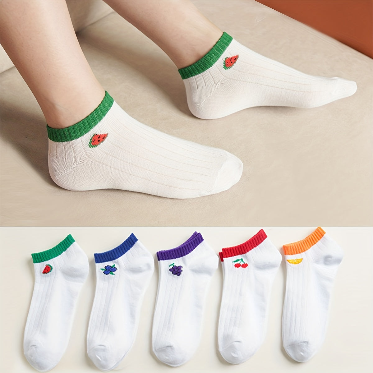 5 Pairs Fruit Print Socks Low Cut Ankle Socks Women's Stockings & Hosiery