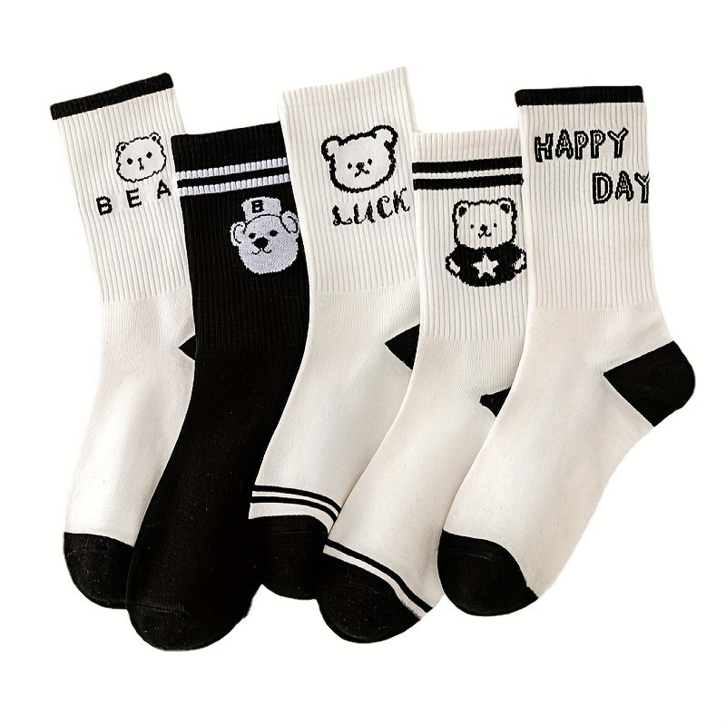 10 Pairs Bear & Plaid Print Mid Tube Socks Women's Stockings