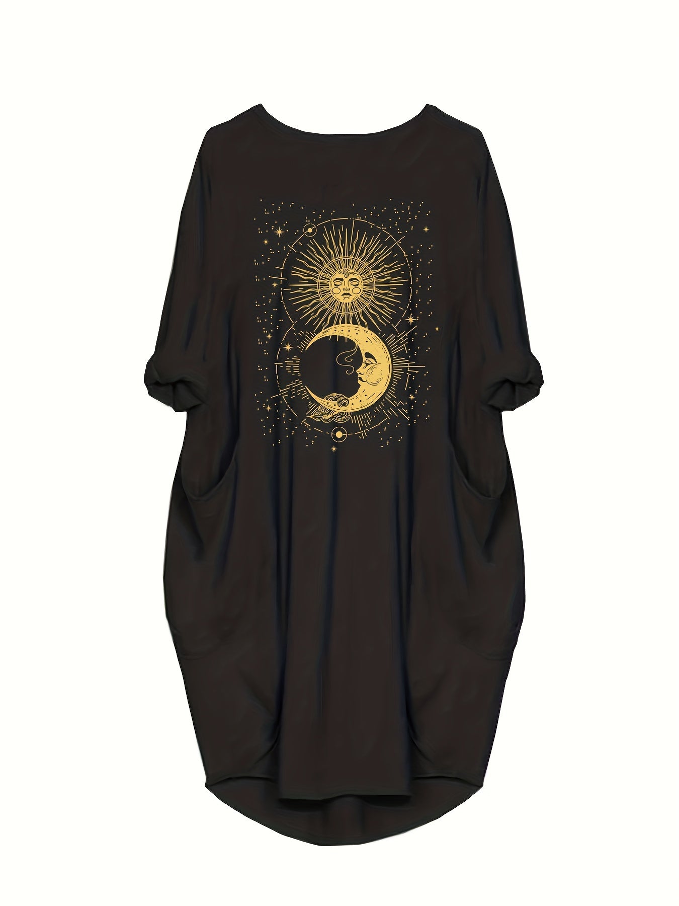 Women's Plus Moon & Sun Print Roll Up Sleeve Round Neck Dress