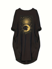 Women's Plus Moon & Sun Print Roll Up Sleeve Round Neck Dress