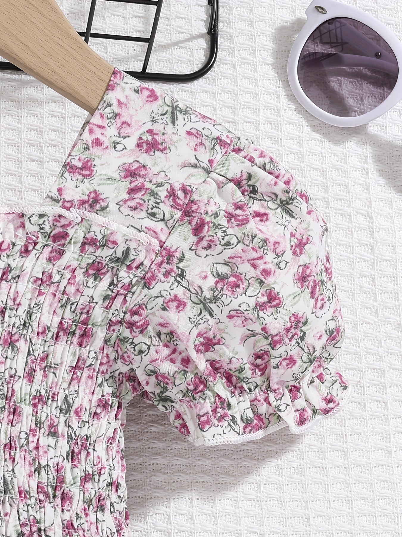 Girls Boho Floral Shirred Casual Dress Comfy Square Neck Kids Summer Dress