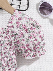Girls Boho Floral Shirred Casual Dress Comfy Square Neck Kids Summer Dress