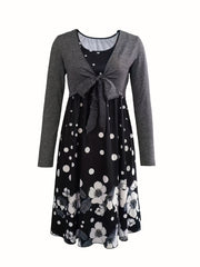 Solid Knotted Tops & Floral Print Dress Outfits Women's Clothing