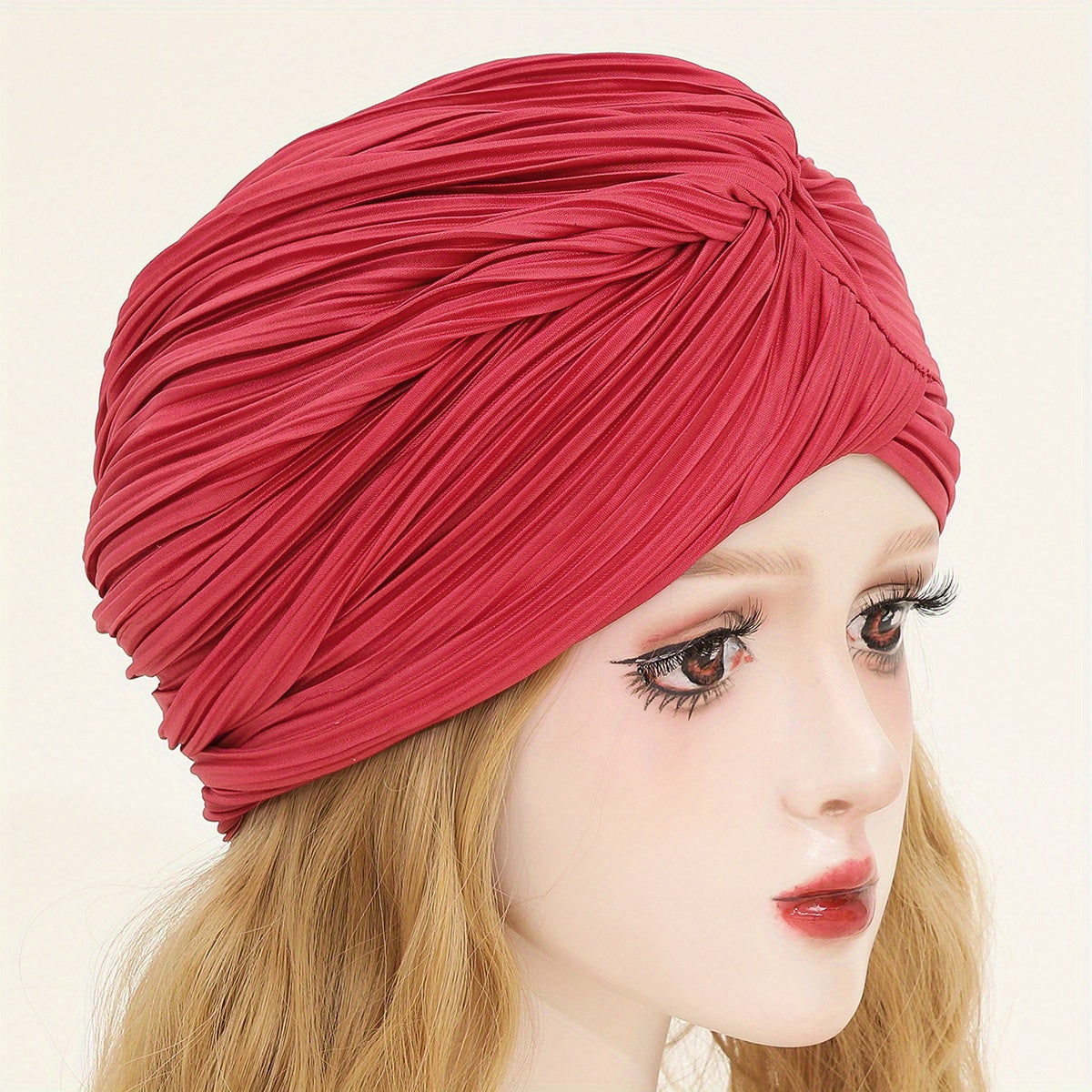 Red Pleated Turban Cap Lightweight Head Wrap Hijab Bonnet Chemo Hats