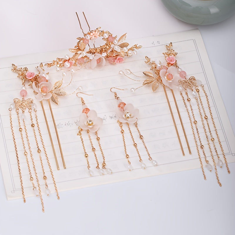 Chinese Pearl Hairpin Earring Tiara Set Women Hair Accessory