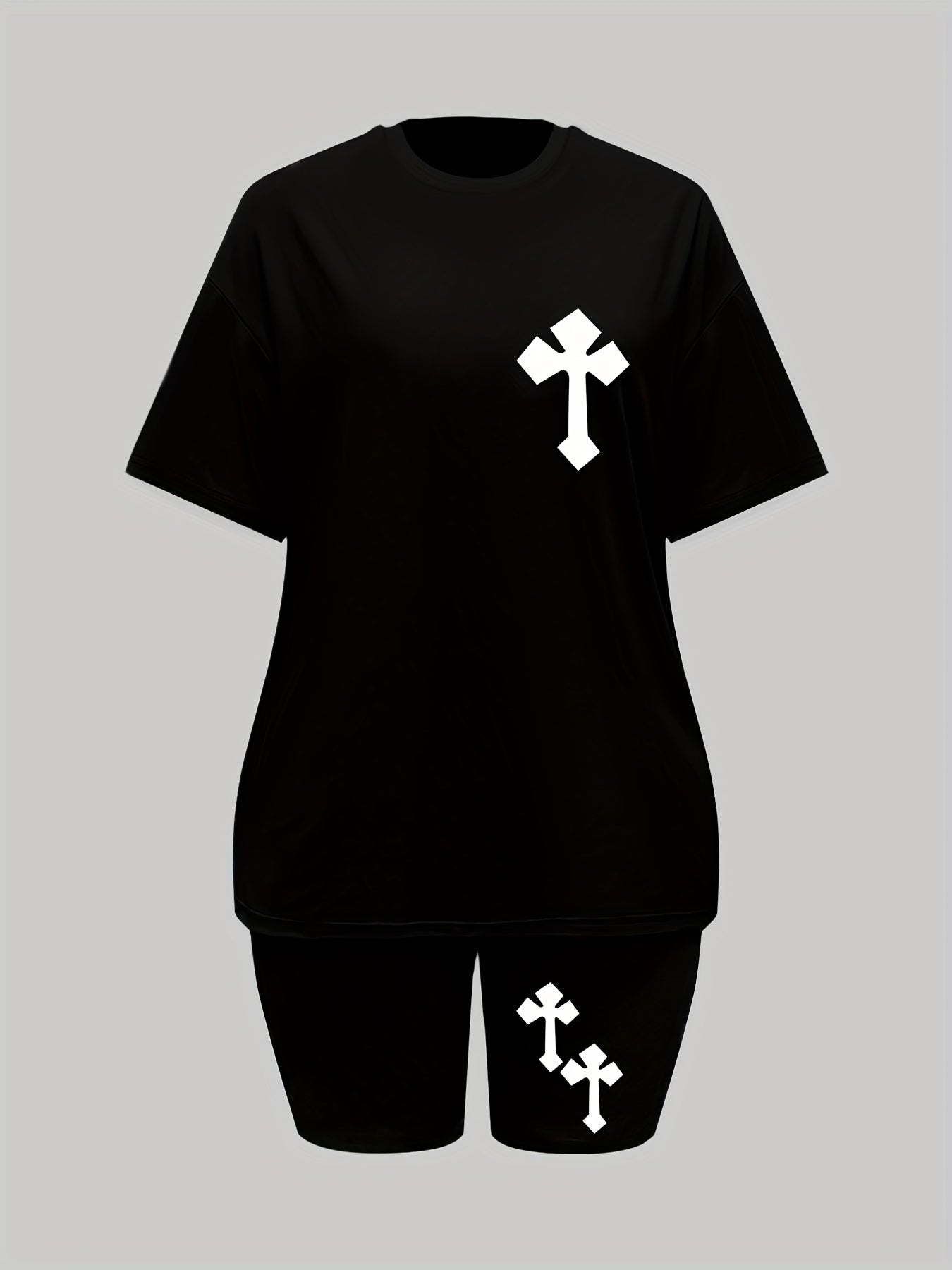 Cross Print 2pcs Set Short Sleeve Casual T Shirt & Shorts Two piece Set