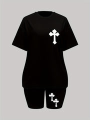 Cross Print 2pcs Set Short Sleeve Casual T Shirt & Shorts Two piece Set